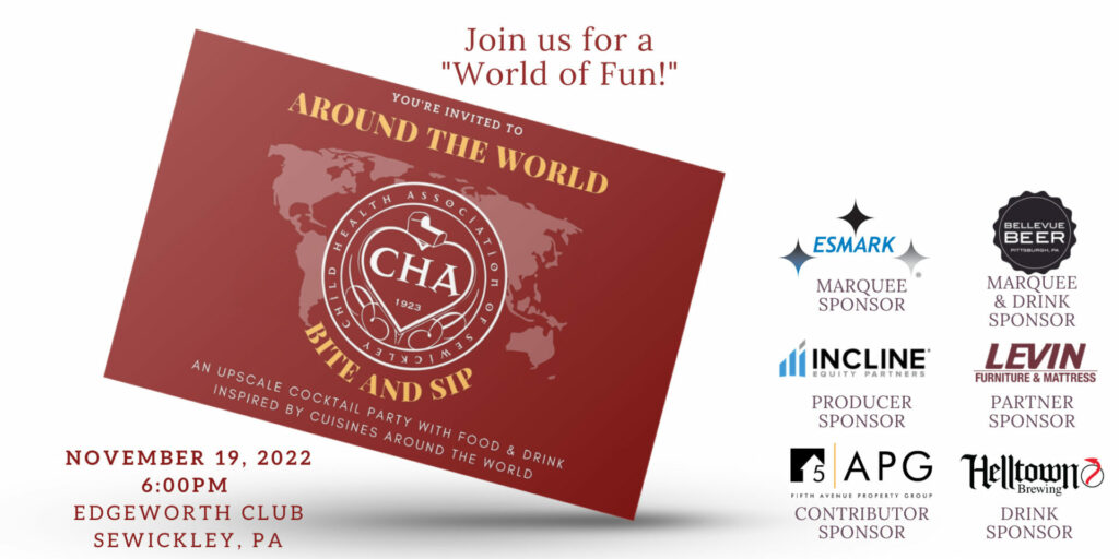 Around the World invitation and list of sponsors: Esmark, Bellevue Beer, Incline Equity Partners, Levin Furniture and Mattress, Fifth Avenue Property Group, and Helltown Brewing.